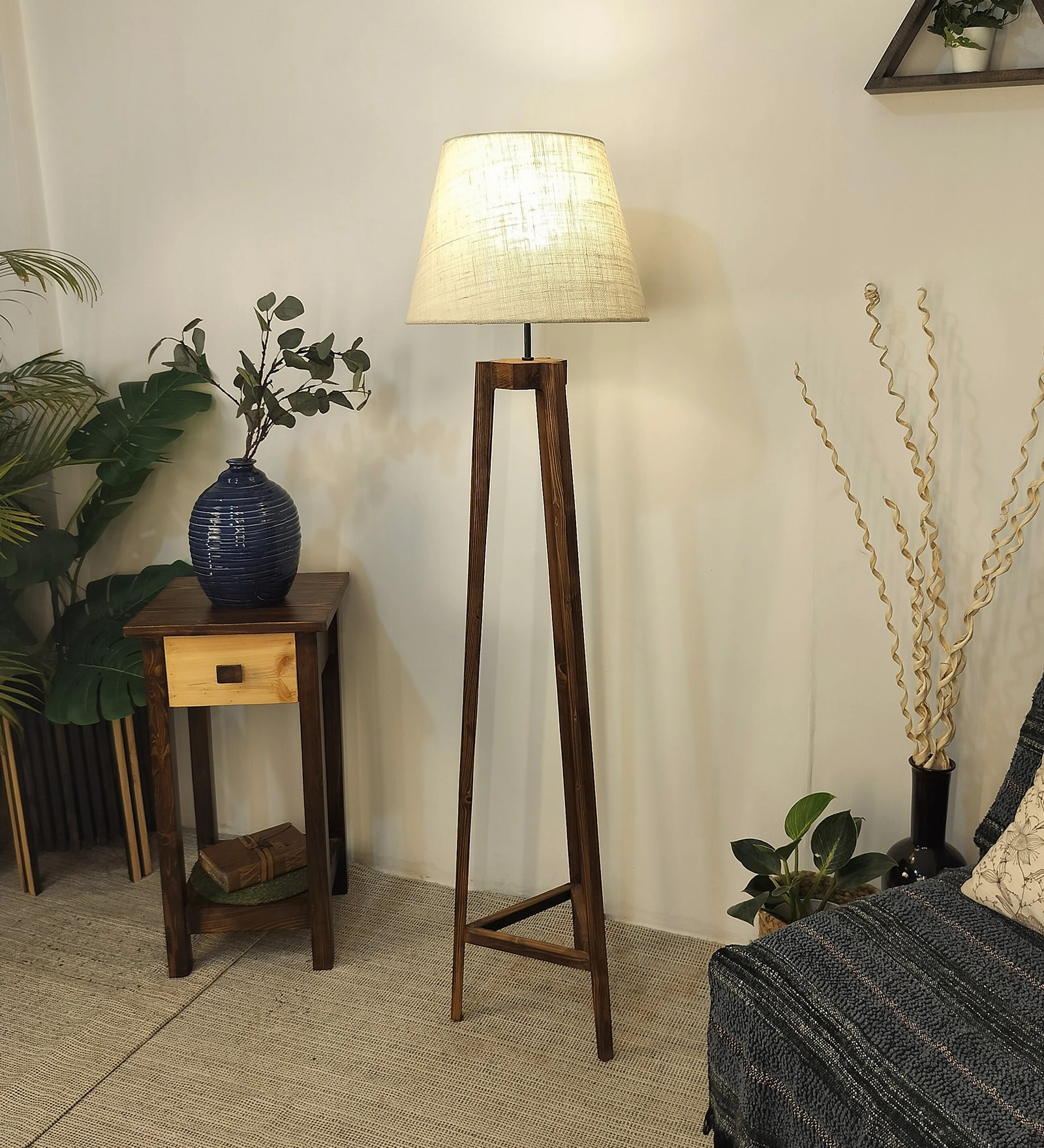 Adrienne Wooden Floor Lamp with Brown Base and Premium Beige Fabric Lampshade (BULB NOT INCLUDED)