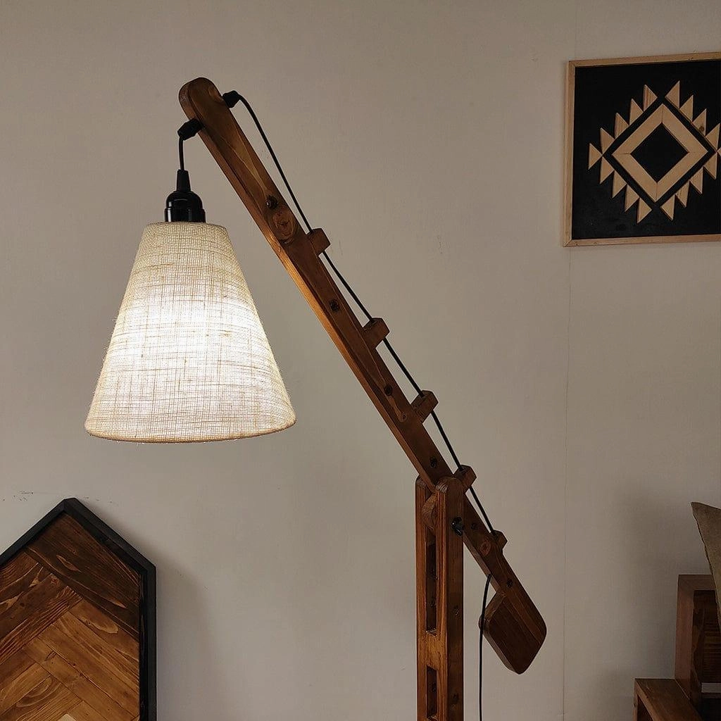 Angler Wooden Floor Lamp with Brown Base and Jute Fabric Lampshade (BULB NOT INCLUDED)
