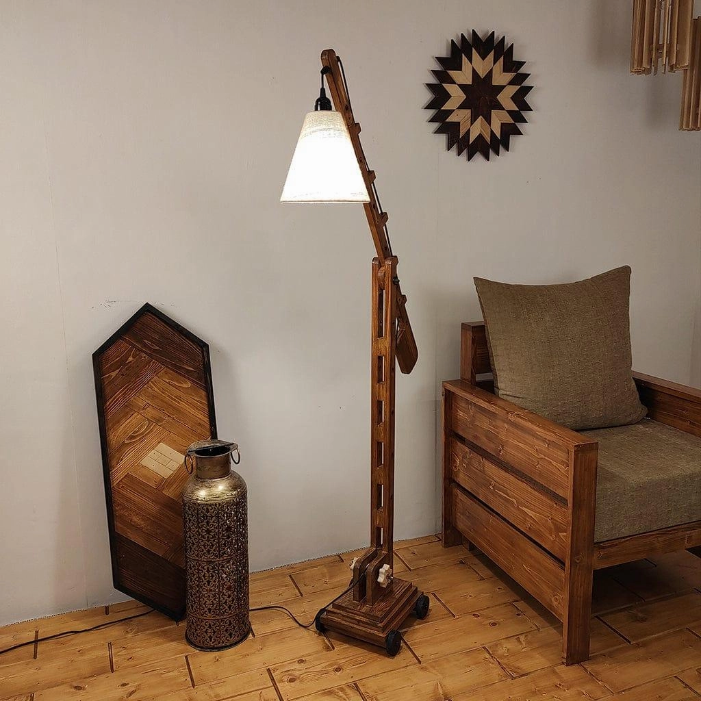 Angler Wooden Floor Lamp with Brown Base and Jute Fabric Lampshade (BULB NOT INCLUDED)