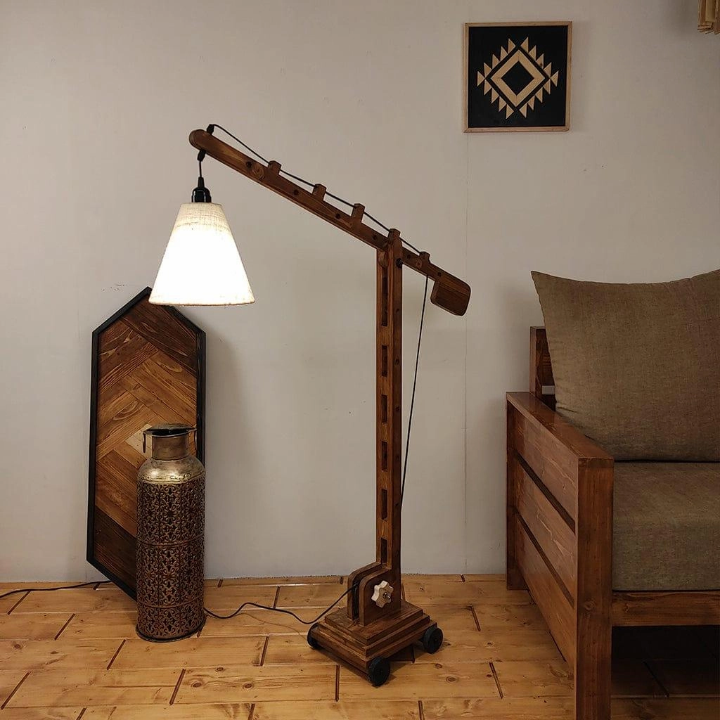 Angler Wooden Floor Lamp with Brown Base and Jute Fabric Lampshade (BULB NOT INCLUDED)
