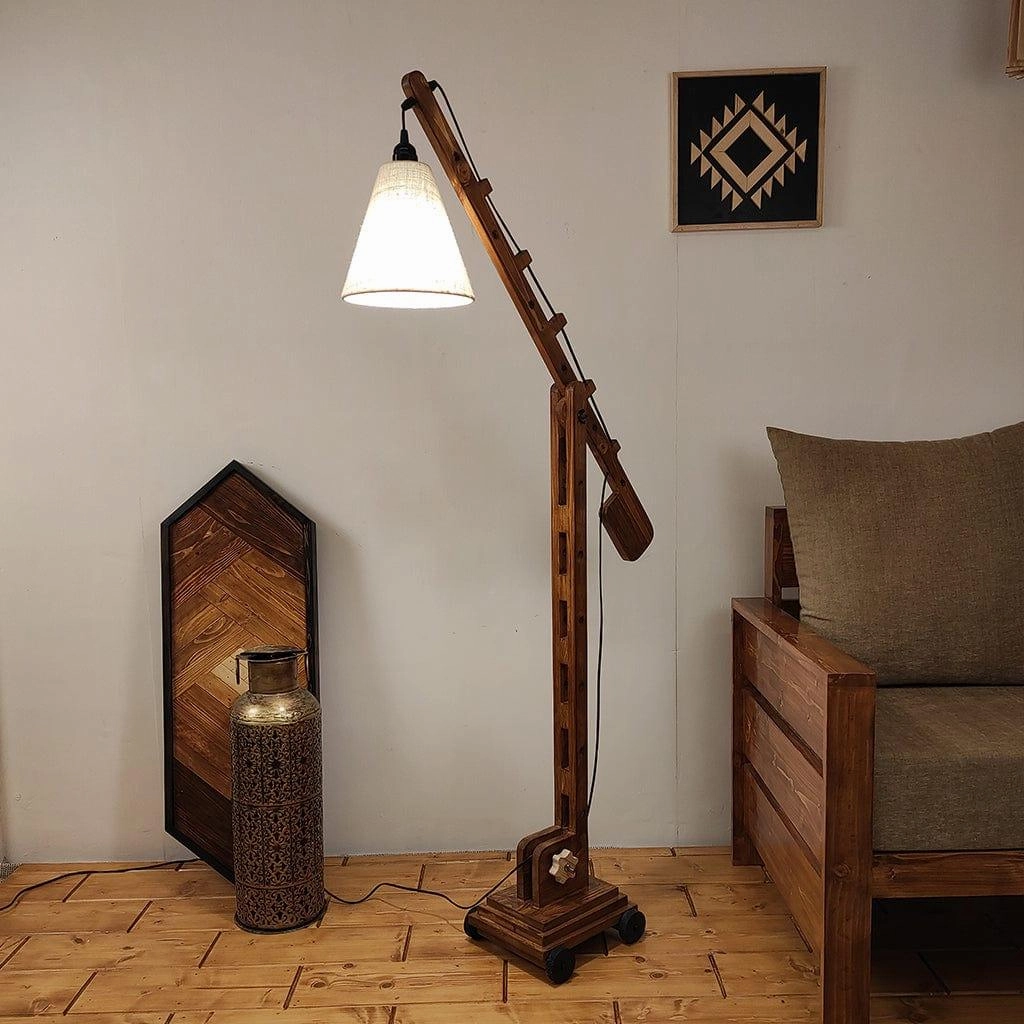 Angler Wooden Floor Lamp with Brown Base and Jute Fabric Lampshade (BULB NOT INCLUDED) garden LED light