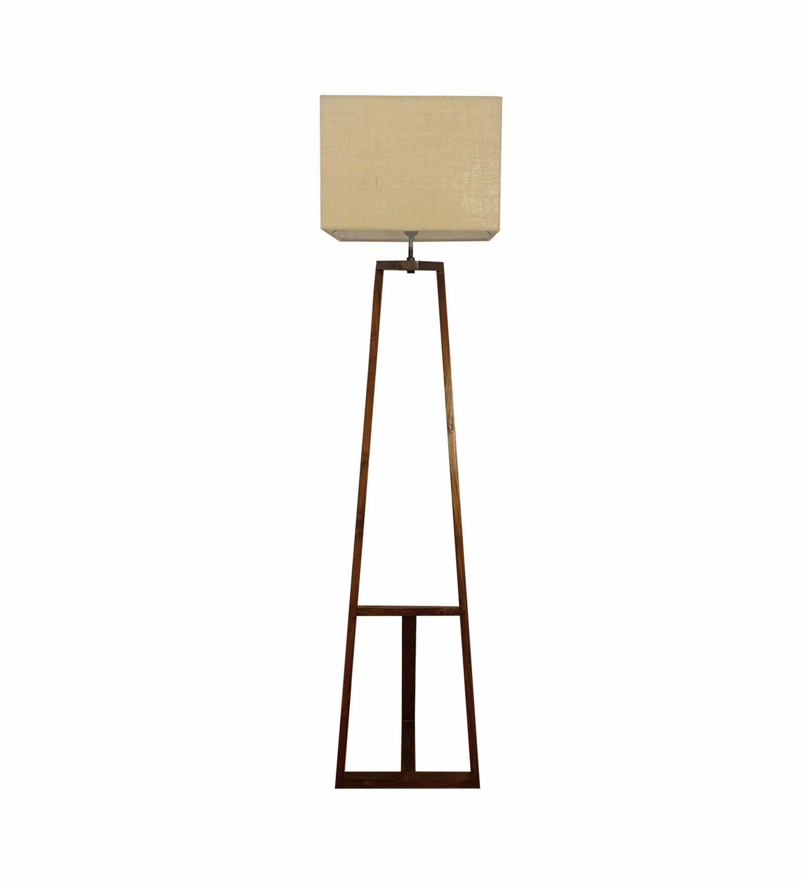 Angular Wooden Floor Lamp with Brown Base and Premium Beige Fabric Lampshade (BULB NOT INCLUDED)