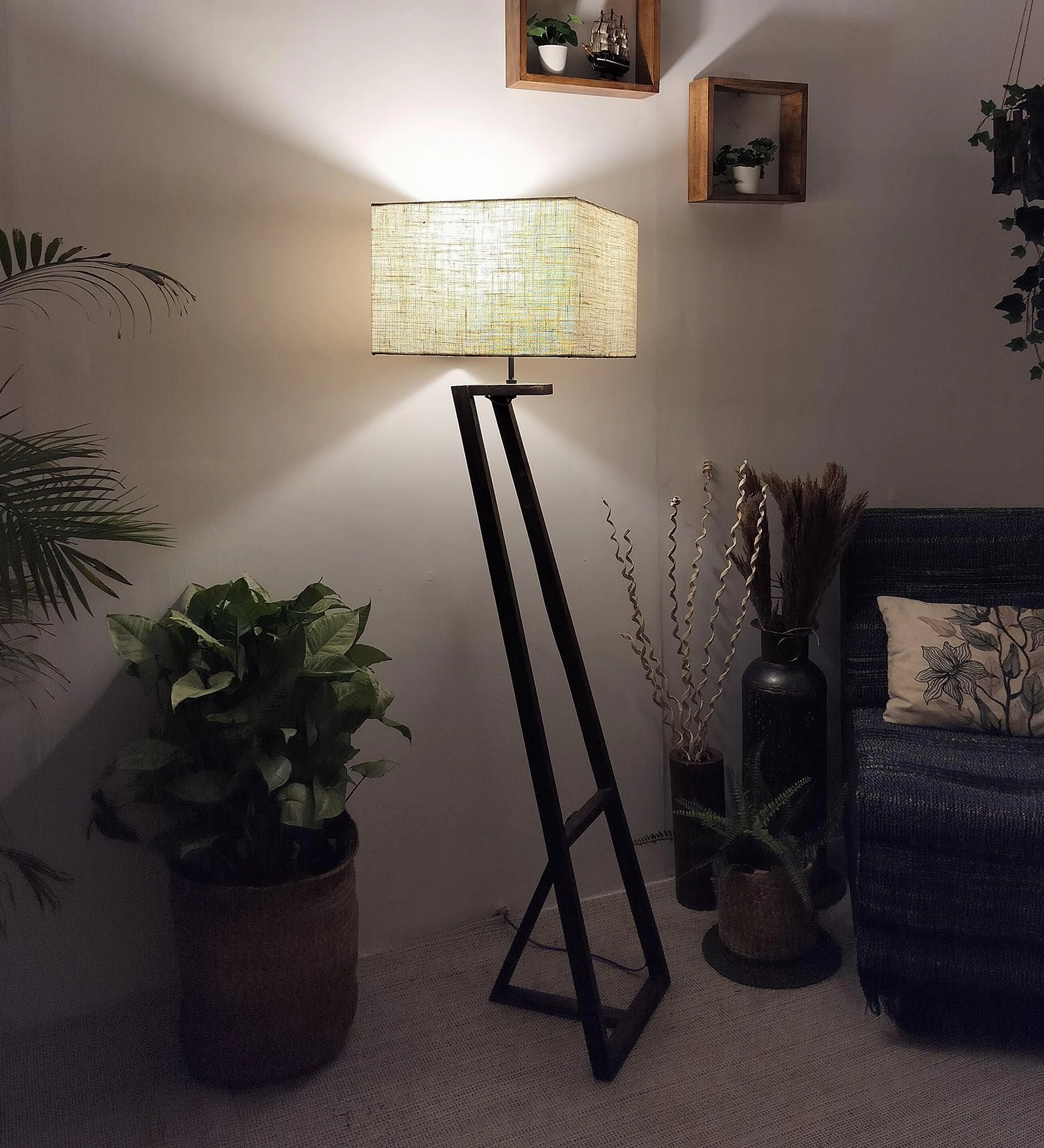 Angular Wooden Floor Lamp with Brown Base and Premium Beige Fabric Lampshade (BULB NOT INCLUDED)