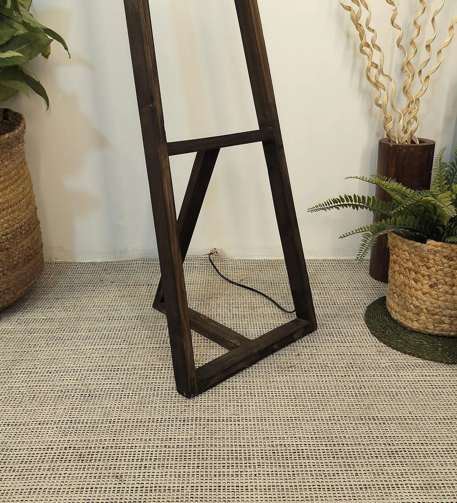 Angular Wooden Floor Lamp with Brown Base and Premium Beige Fabric Lampshade (BULB NOT INCLUDED)