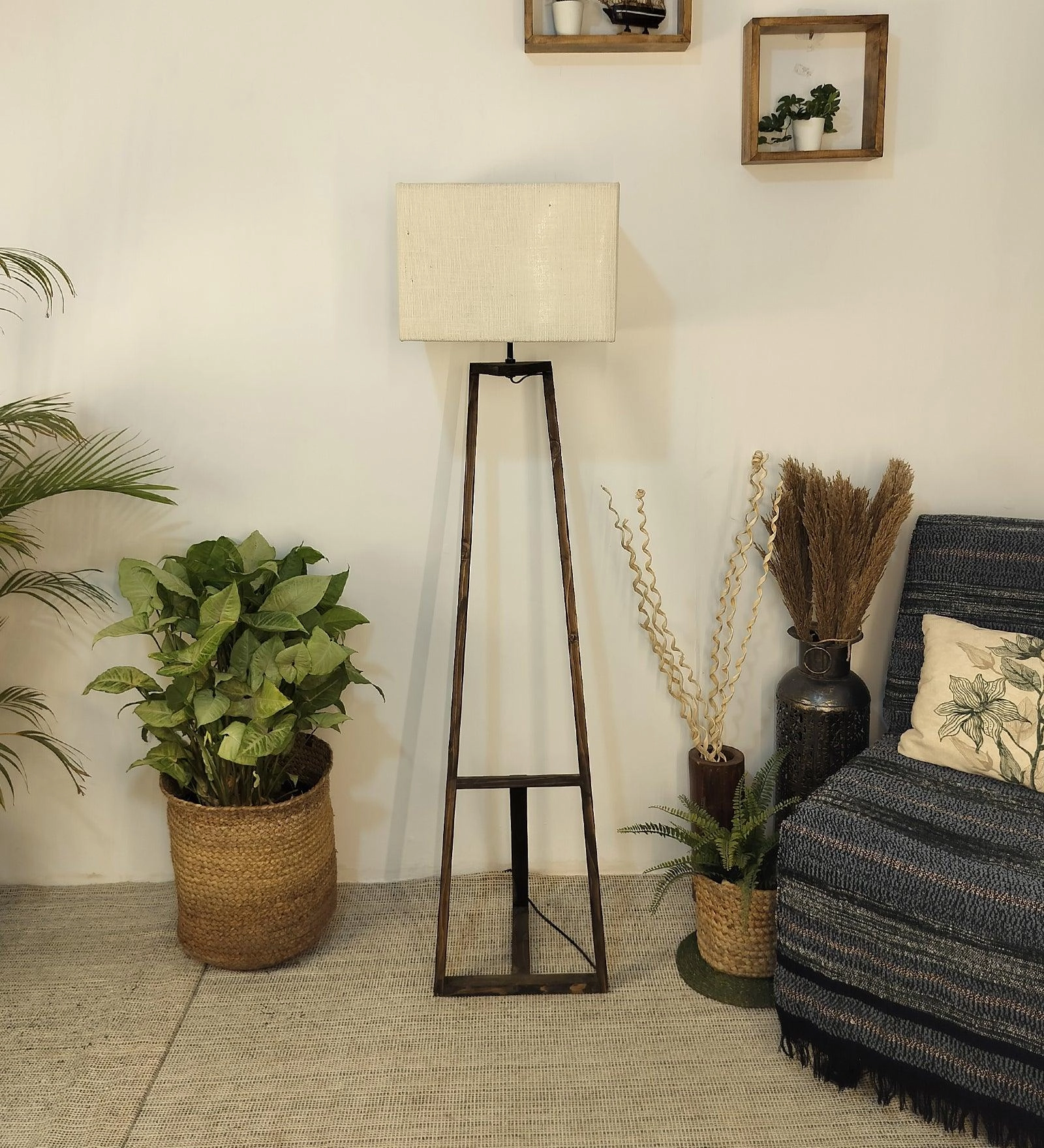 Angular Wooden Floor Lamp with Brown Base and Premium Beige Fabric Lampshade (BULB NOT INCLUDED) garden LED light