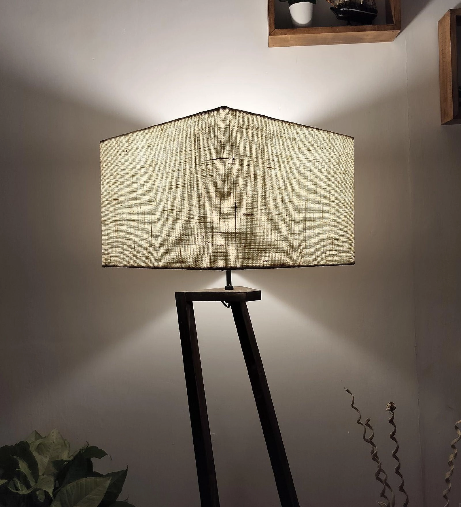 Angular Wooden Floor Lamp with Brown Base and Premium Beige Fabric Lampshade (BULB NOT INCLUDED)