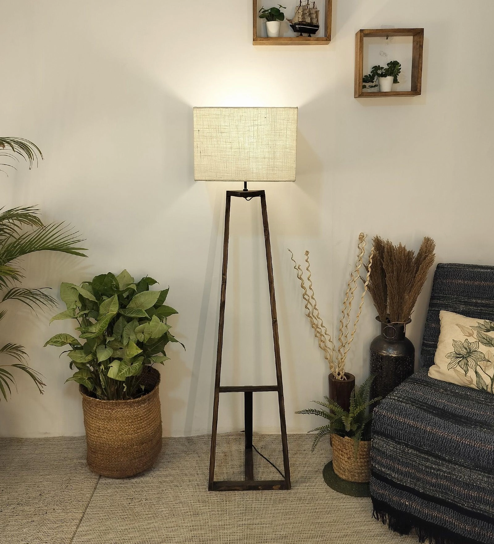 Angular Wooden Floor Lamp with Brown Base and Premium Beige Fabric Lampshade (BULB NOT INCLUDED)