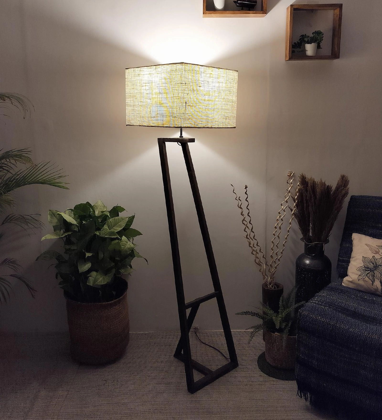 Angular Wooden Floor Lamp with Brown Base and Premium Beige Fabric Lampshade (BULB NOT INCLUDED)