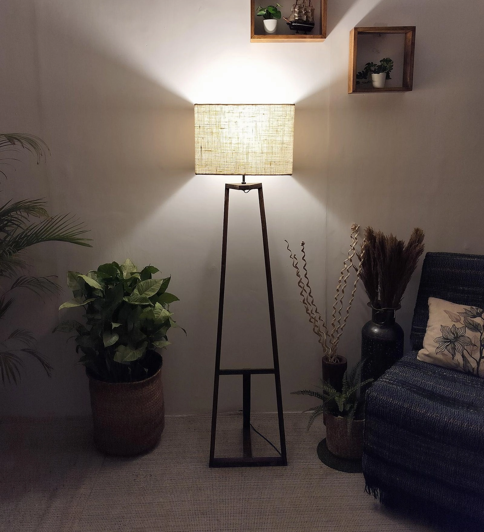 Angular Wooden Floor Lamp with Brown Base and Premium Beige Fabric Lampshade (BULB NOT INCLUDED)