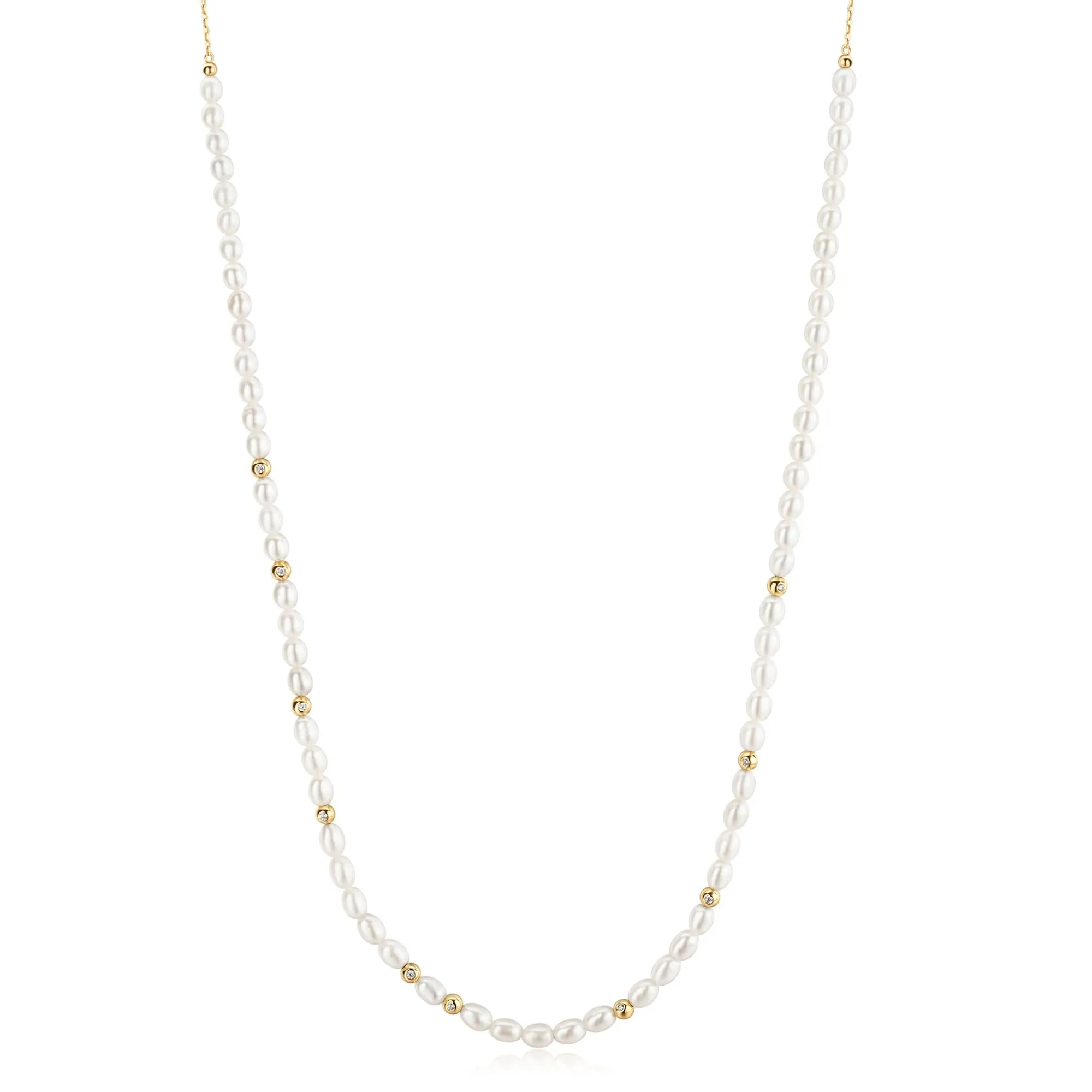 Ania Haie Gold Freshwater Pearl White Cubic Zirconia Bezel Set Slider Necklace N058-06G Ania Haie Jewellery
