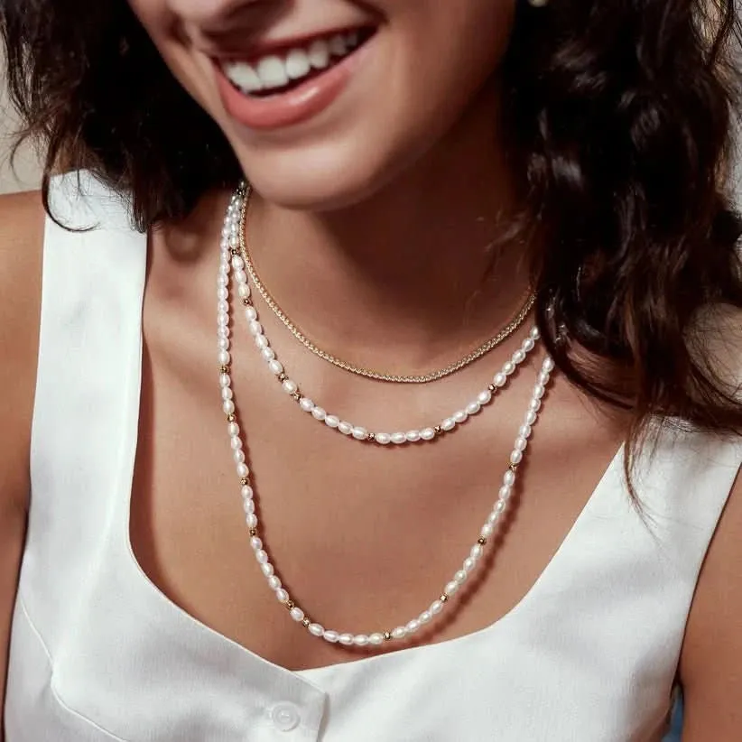 Ania Haie Gold Freshwater Pearl White Cubic Zirconia Bezel Set Slider Necklace N058-06G Ania Haie Jewellery