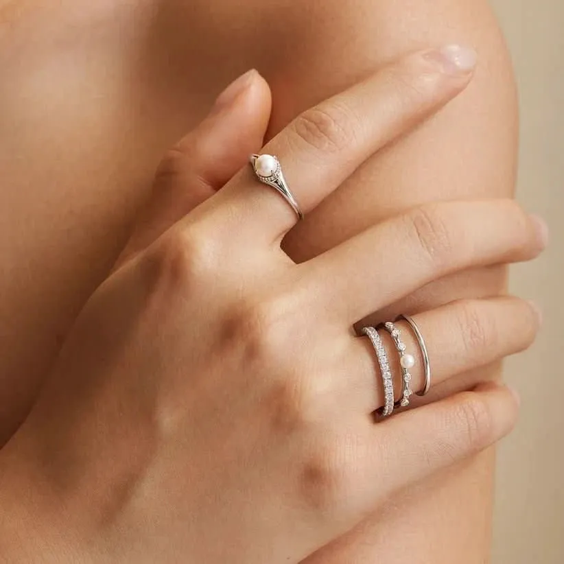 Ania Haie Silver Freshwater Pearl White Cubic Zirconia Bezel Set Ring R058-04H Ania Haie Jewellery
