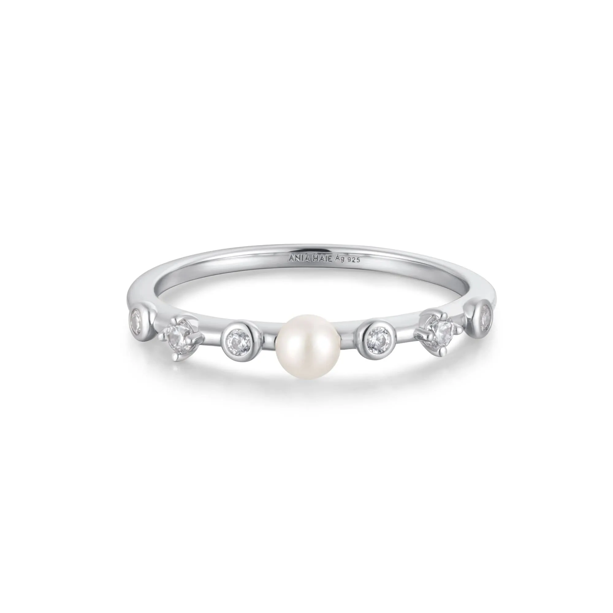 Ania Haie Silver Freshwater Pearl White Cubic Zirconia Bezel Set Ring R058-04H Ania Haie Jewellery