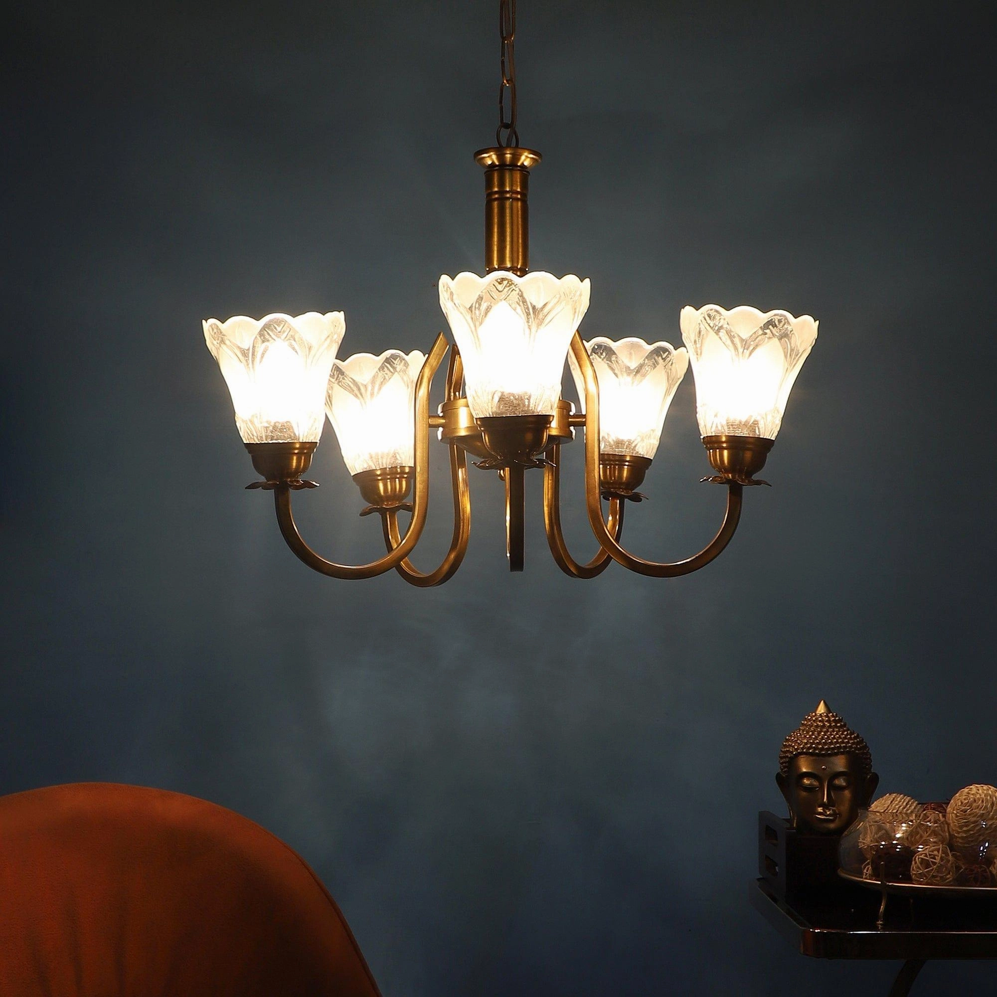 Antique Gold And White  Iron  5 Light Chandelier