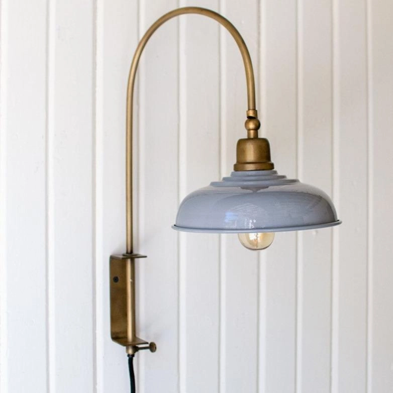 Antiqued Brass Wall Lamp With Grey Shade