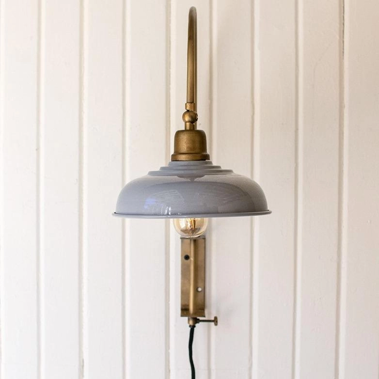 Antiqued Brass Wall Lamp With Grey Shade