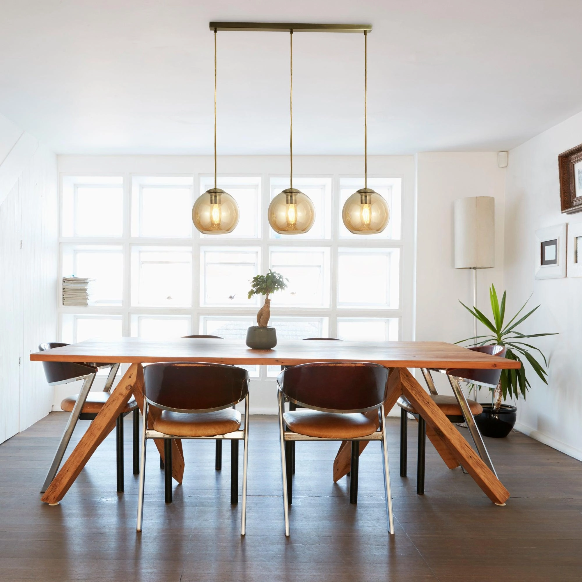 Balls 3 Light Brass Bar Pendant With Amber Glass Shades