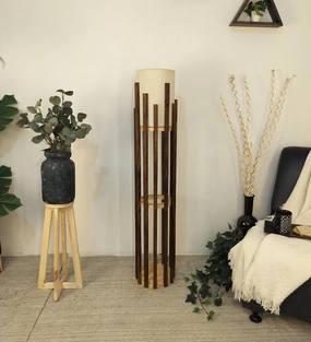 Bastian Wooden Floor Lamp with Brown Base and White Fabric Lampshade garden LED light