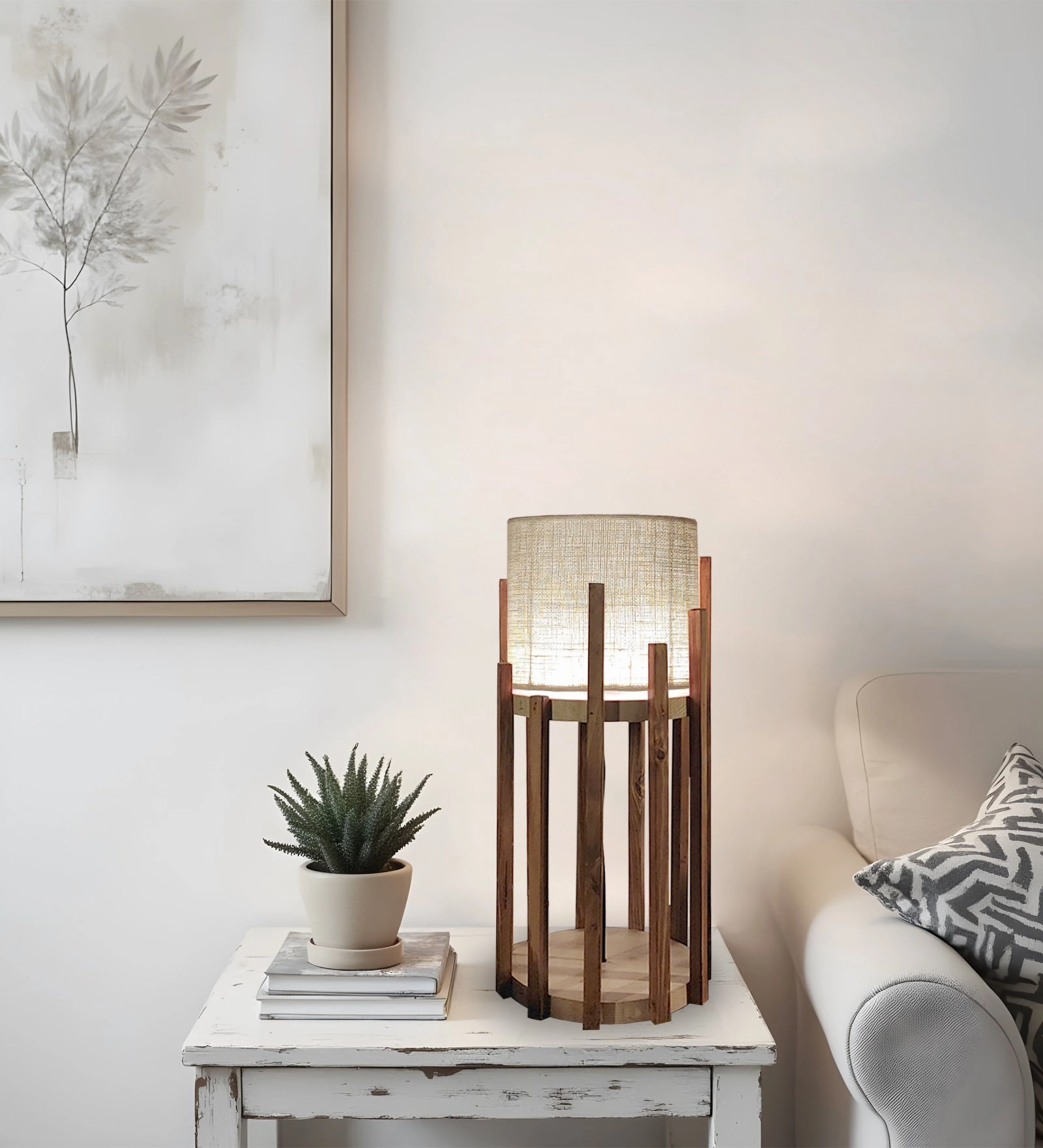 Bastian Wooden Table Lamp with Brown Base and Premium White Fabric Lampshade (BULB NOT INCLUDED)
