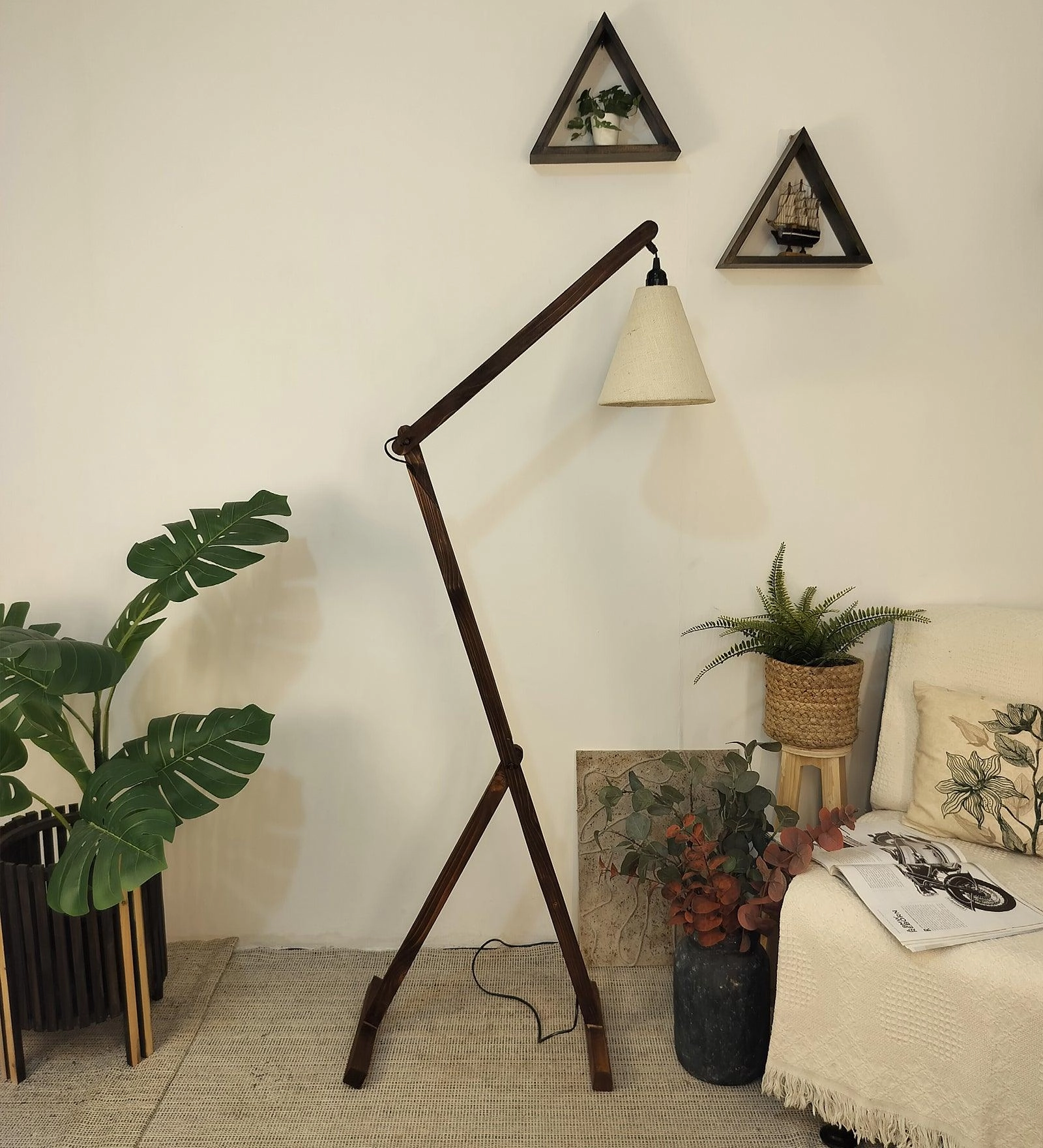 Benji Wooden Floor Lamp with Brown Base and Beige Fabric Lampshade (BULB NOT INCLUDED)