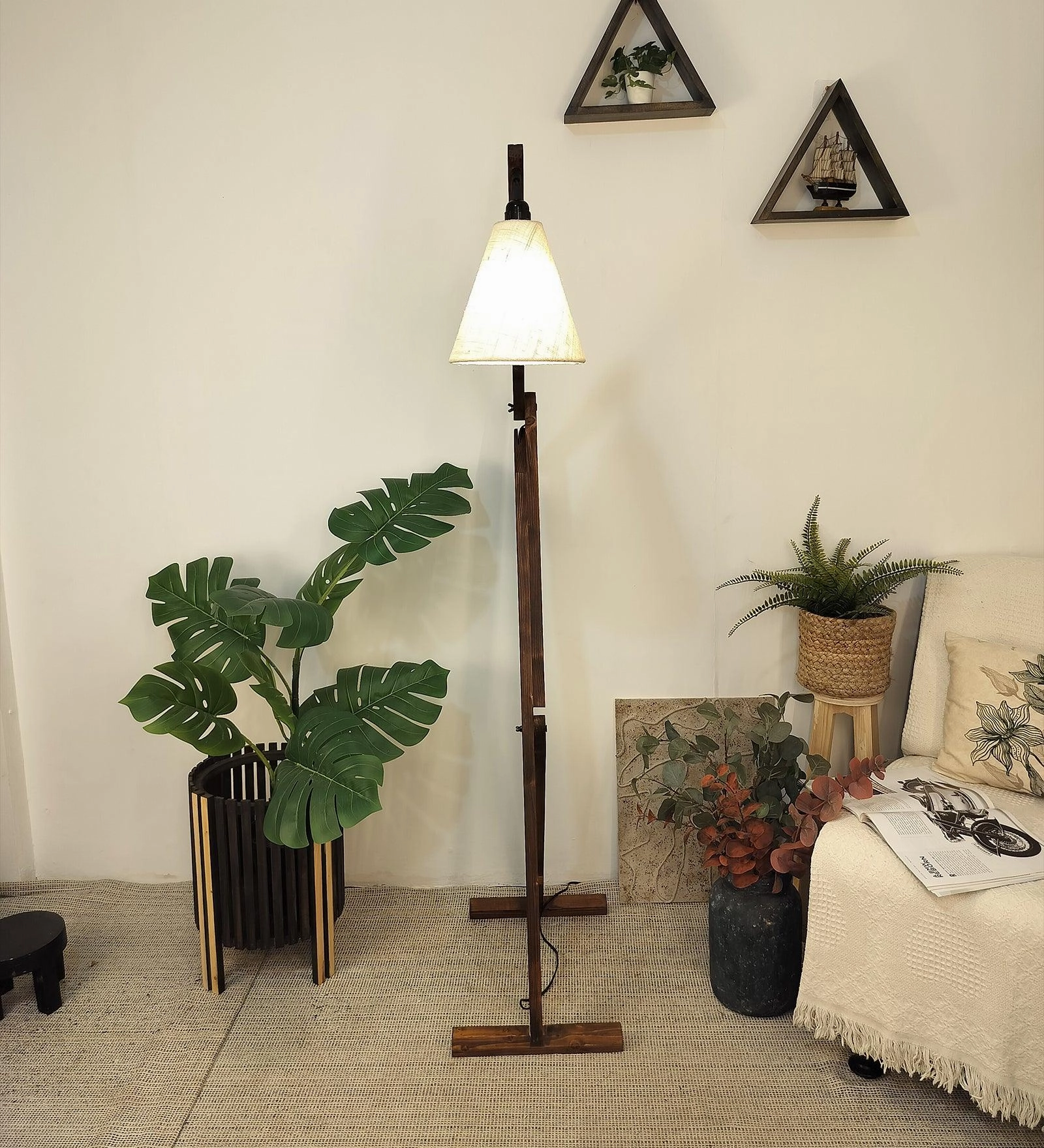 Benji Wooden Floor Lamp with Brown Base and Beige Fabric Lampshade (BULB NOT INCLUDED)