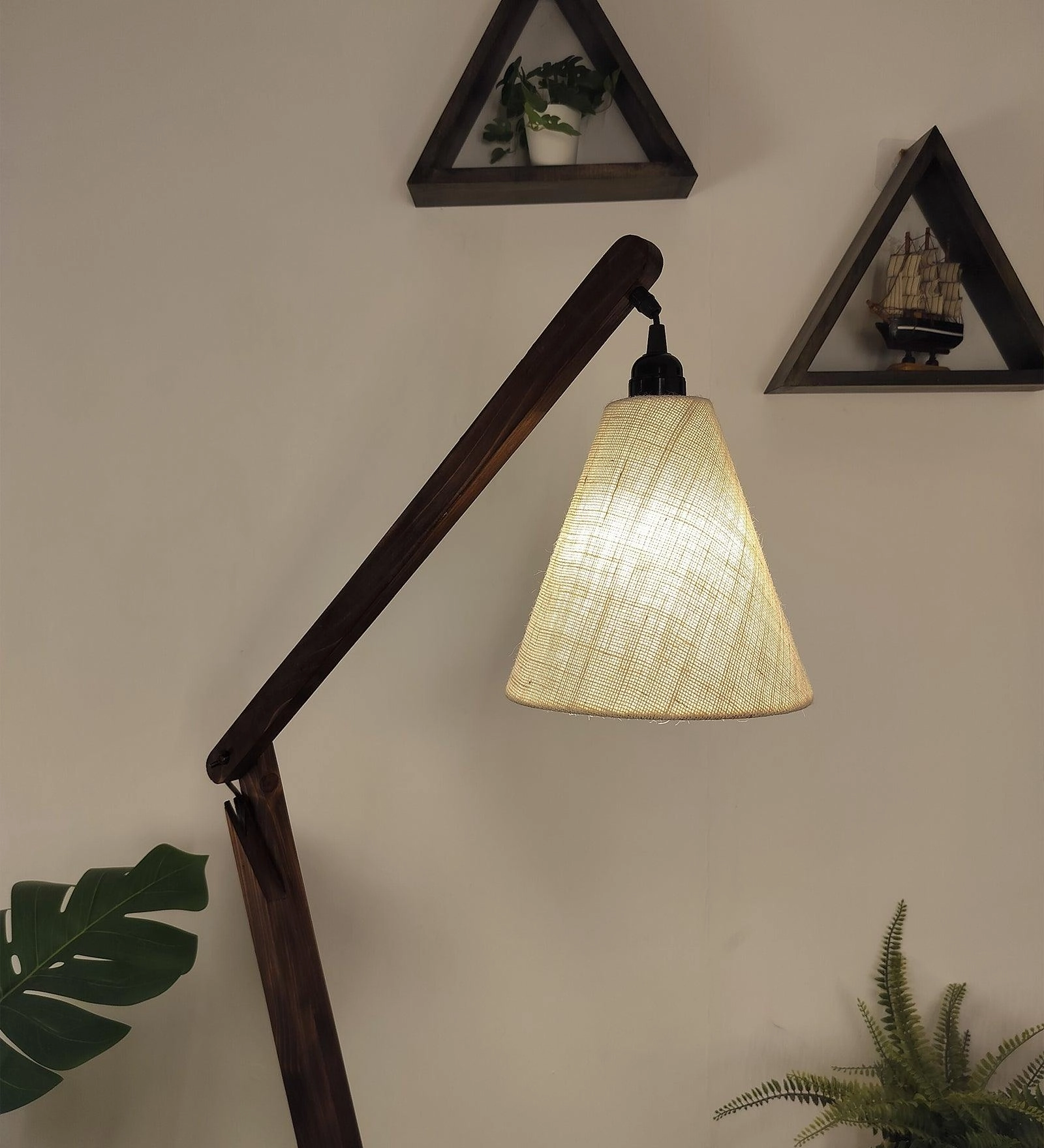 Benji Wooden Floor Lamp with Brown Base and Beige Fabric Lampshade (BULB NOT INCLUDED)