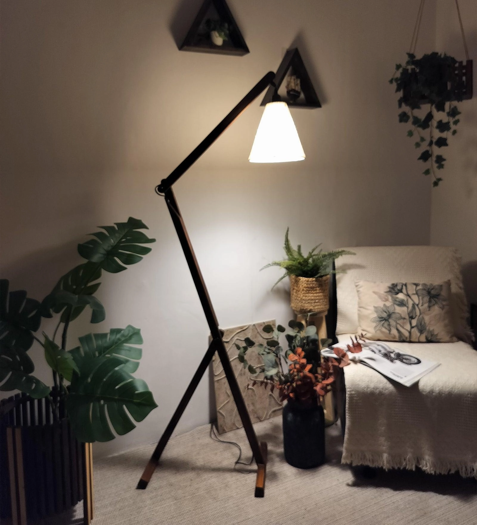 Benji Wooden Floor Lamp with Brown Base and Beige Fabric Lampshade (BULB NOT INCLUDED)