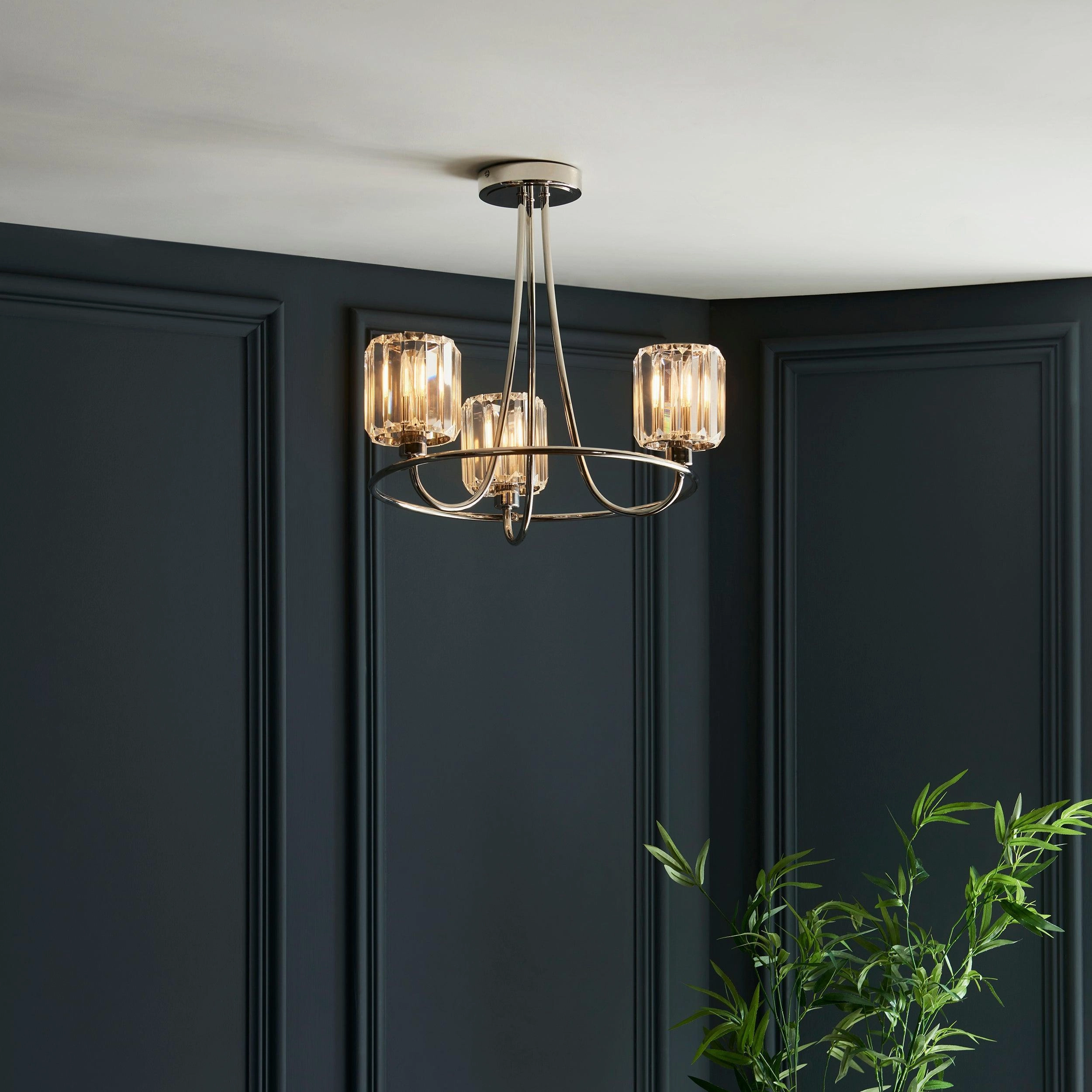 Berenice 3 Light Nickel Semi flush - Clear Cut Glass Shades