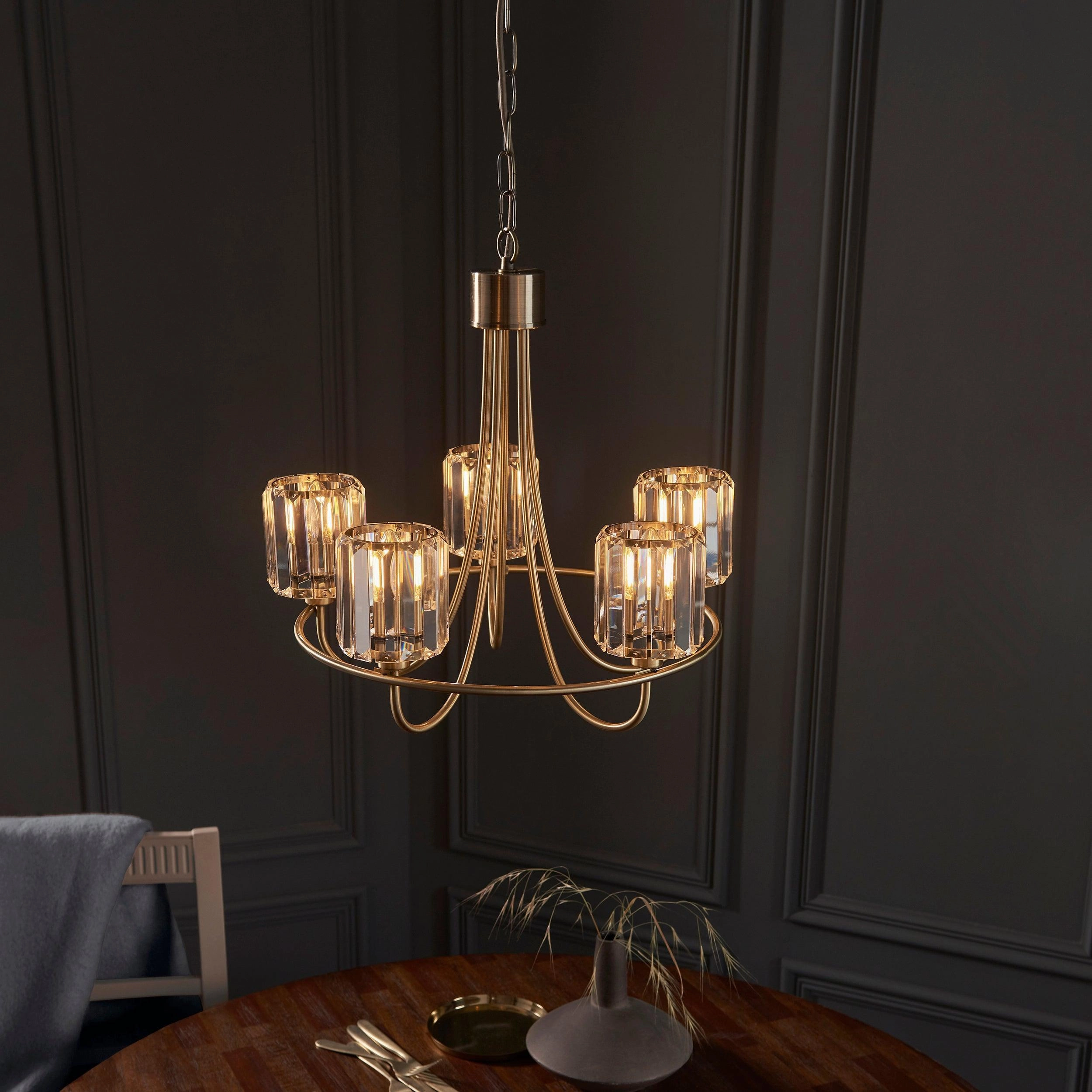 Berenice Brass 5 Light Pendant - Clear Cut Glass Shades
