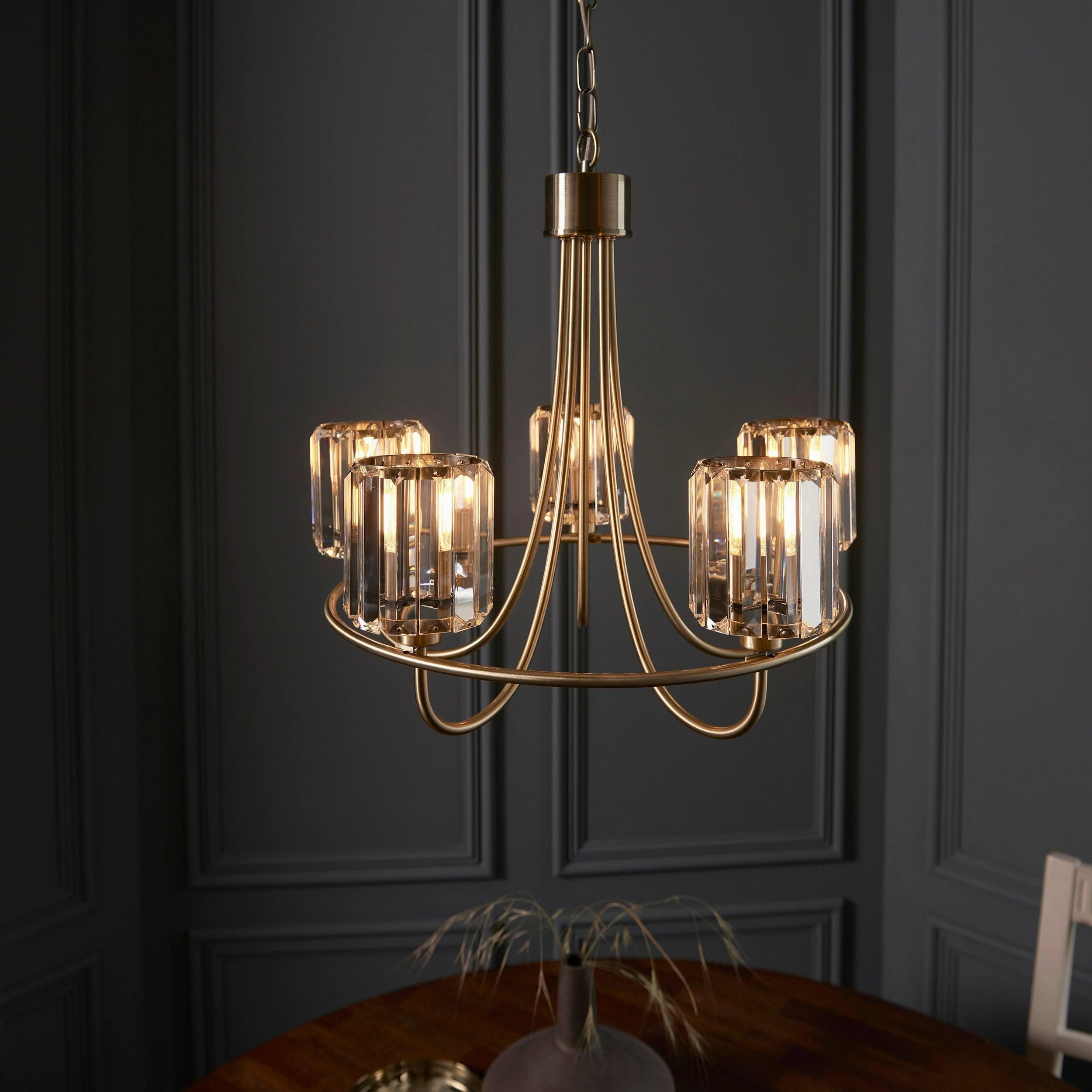 Berenice Brass 5 Light Pendant - Clear Cut Glass Shades
