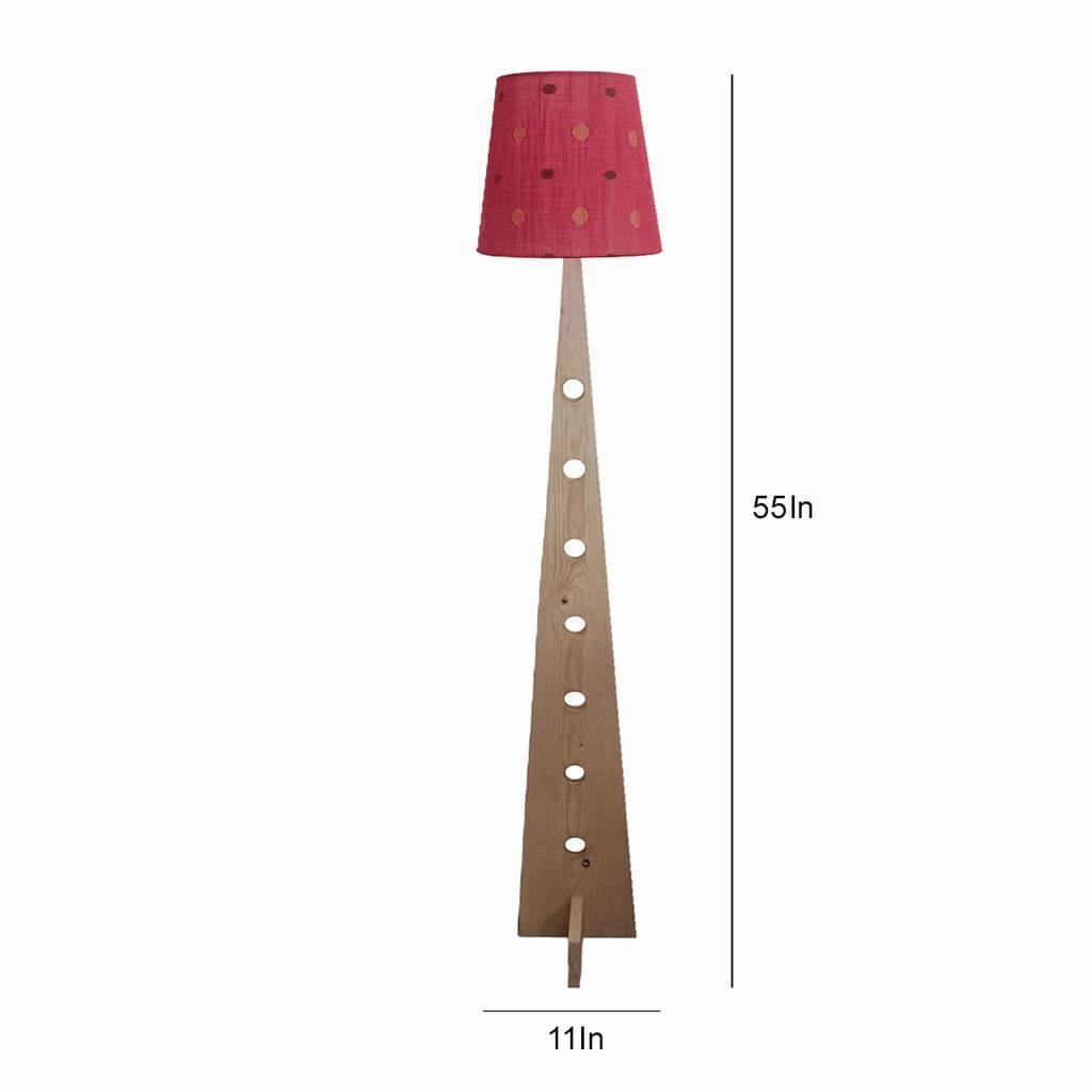 Bevel Wooden Floor Lamp with Beige Base and Red Printed Fabric Lampshade
