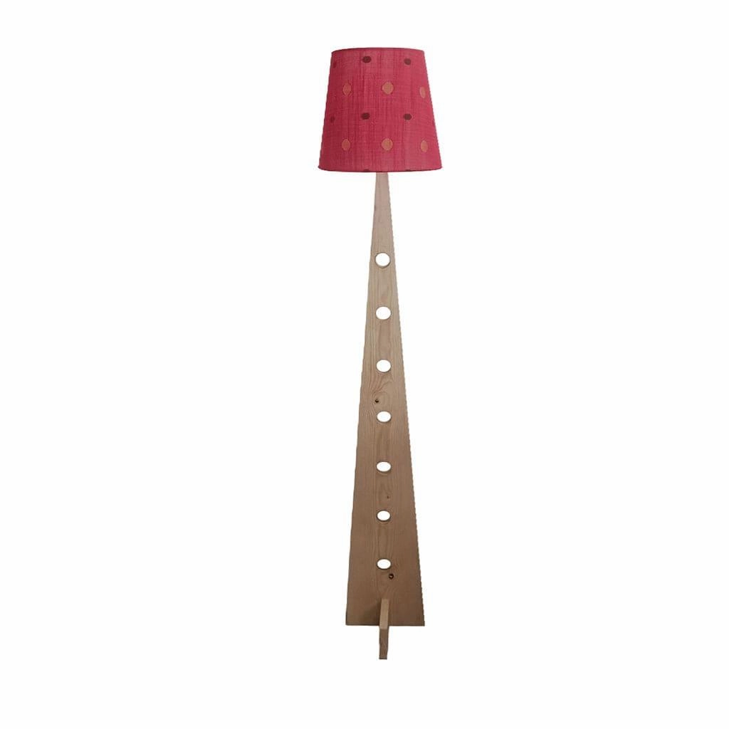 Bevel Wooden Floor Lamp with Beige Base and Red Printed Fabric Lampshade