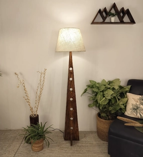 Bevel Wooden Floor Lamp with Brown Base and Yellow Printed Fabric Lampshade garden LED light