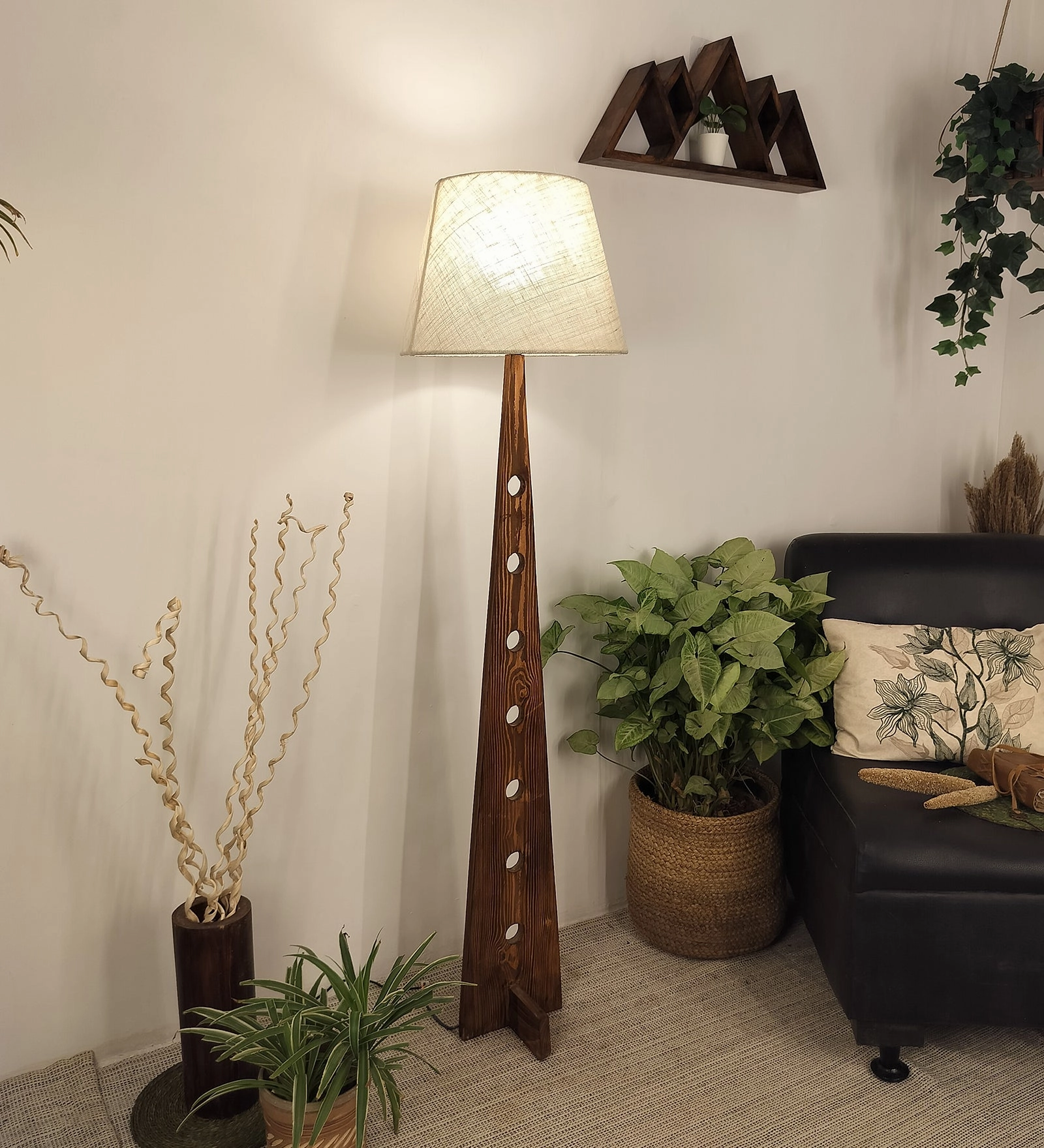 Bevel Wooden Floor Lamp with Brown Base and Yellow Printed Fabric Lampshade
