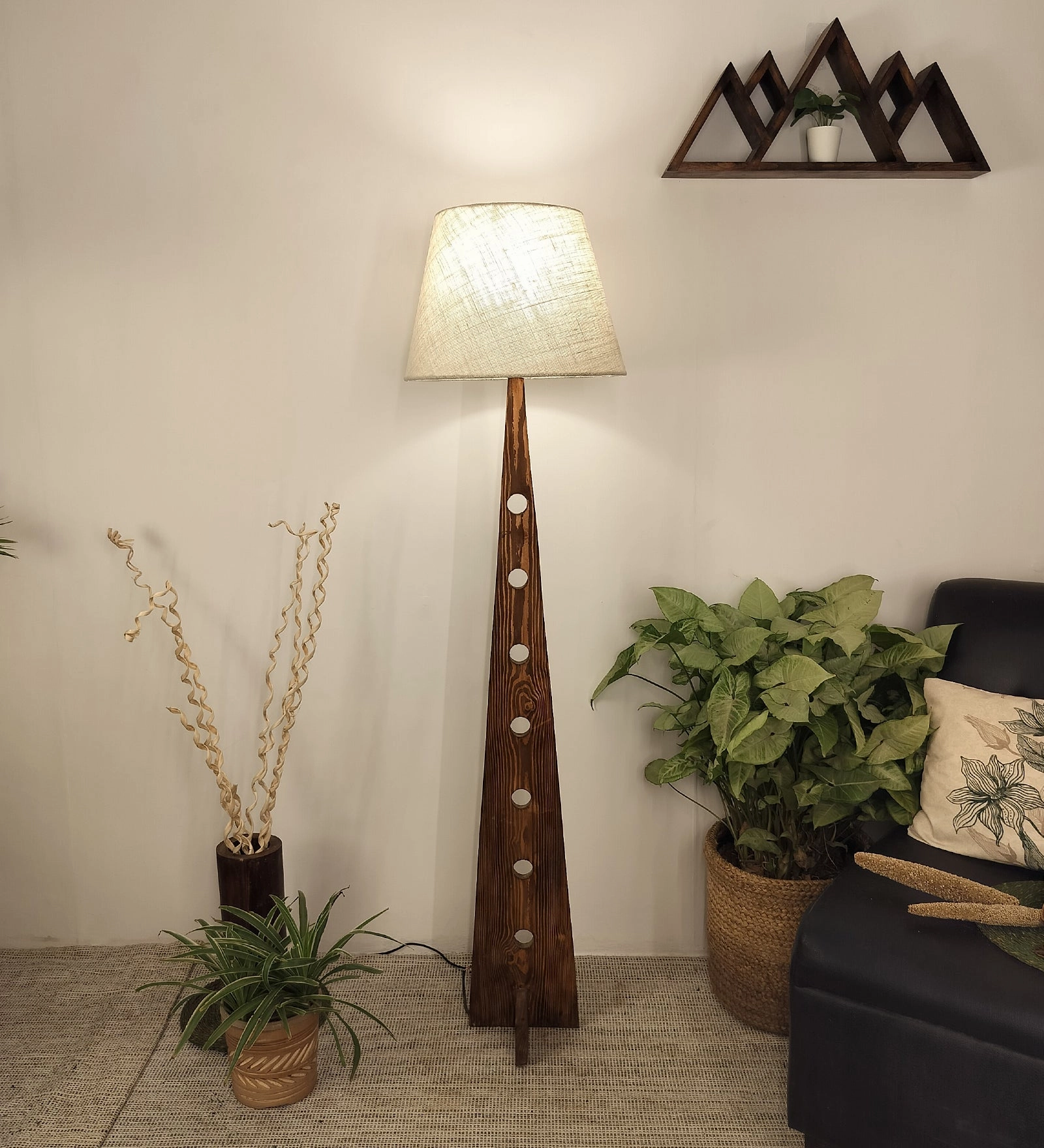 Bevel Wooden Floor Lamp with Brown Base and Yellow Printed Fabric Lampshade garden LED light