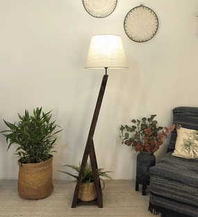 Bezalel Wooden Floor Lamp with Brown Base and Beige Fabric Lampshade (BULB NOT INCLUDED) garden LED light