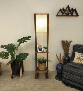 Biped Wooden Floor Lamp with Brown Base and Beige Fabric Lampshade (BULB NOT INCLUDED) garden LED light