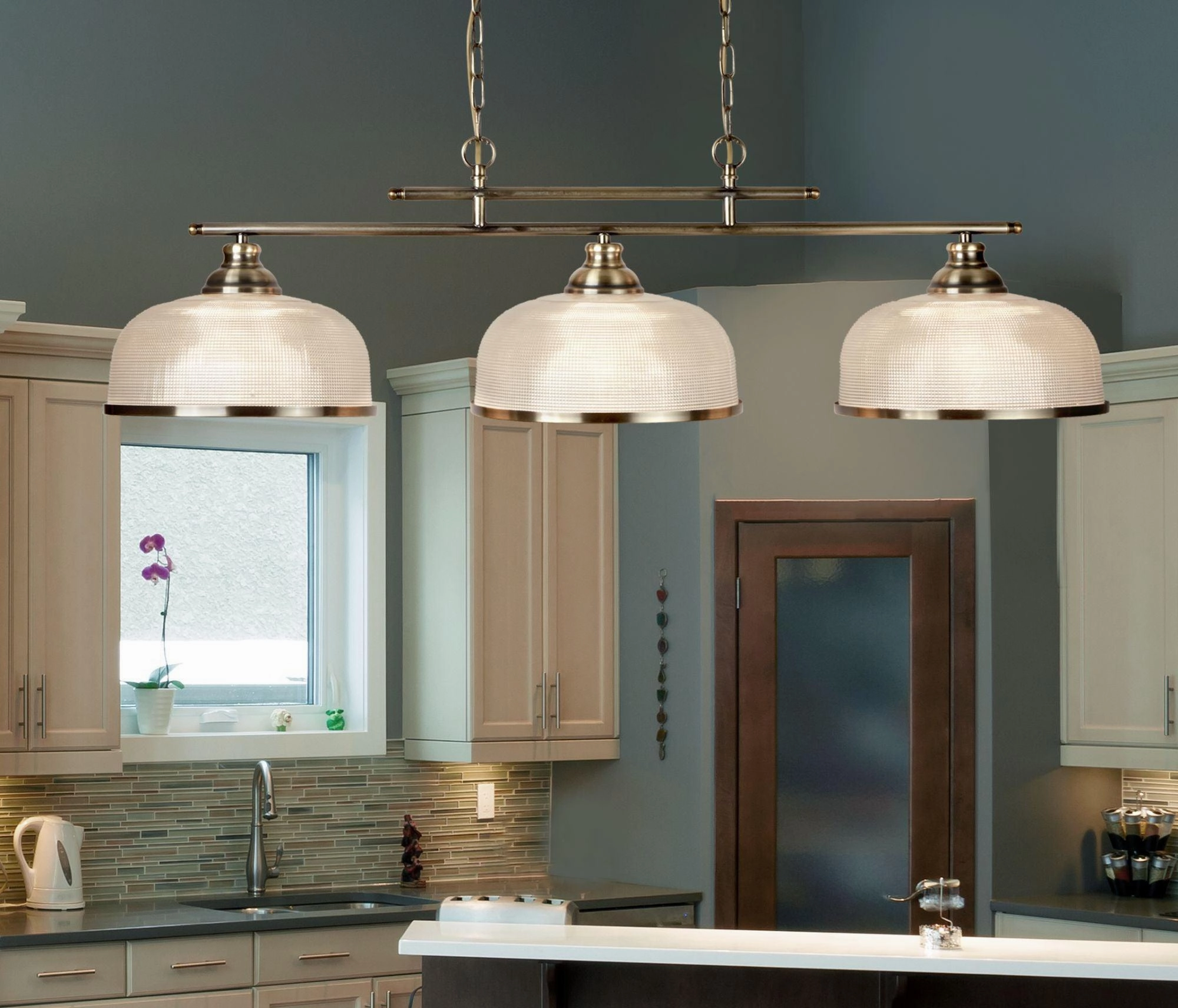 Bistro II 3 Light Brass Bar Pendant - Holophane Glass Shades