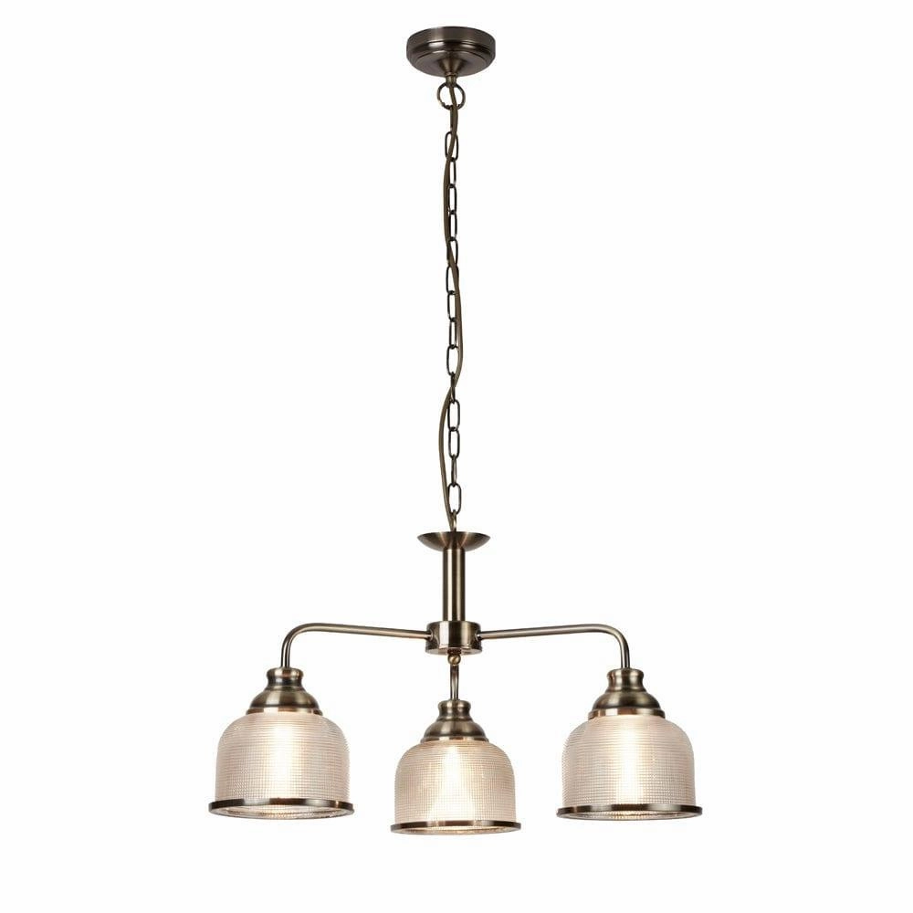 Bistro II 3 Light Brass Pendant - Holophane Glass Shades minimalist ceiling light