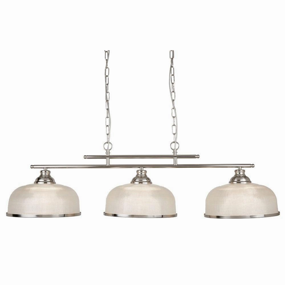 Bistro II 3 Light Silver Bar Pendant - Holophane Glass Shades minimalist ceiling light