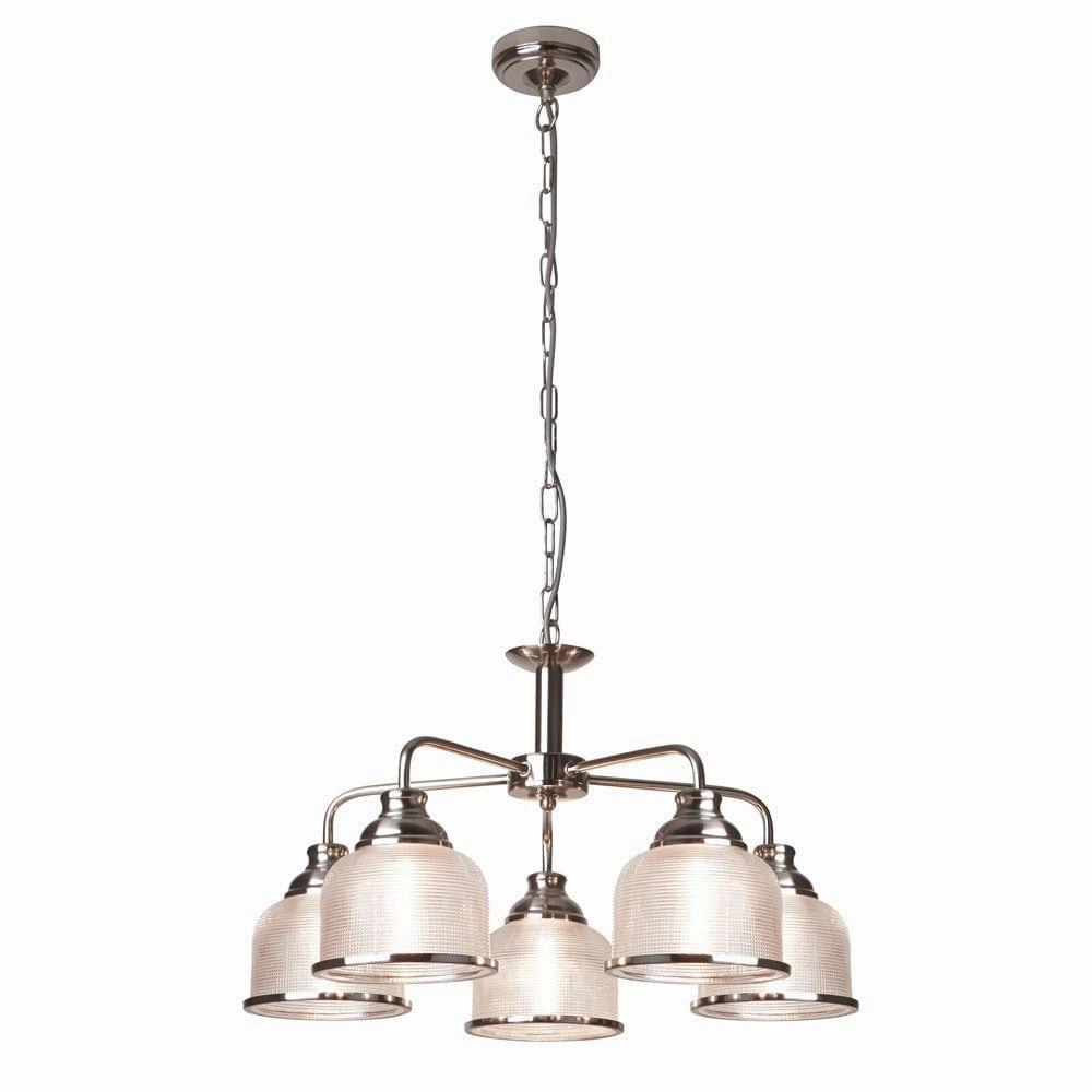 Bistro II 5 Light Silver Pendant - Holophane Glass Shades minimalist ceiling light