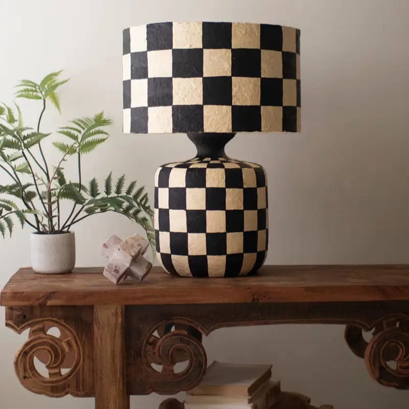 Black & White Checkered Paper Mache Lamp with Shade rechargeable bedside light
