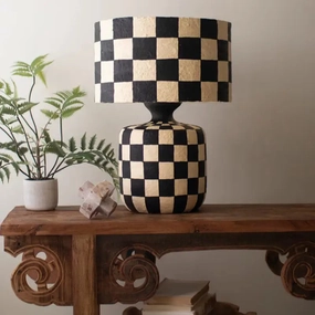 Black & White Checkered Paper Mache Lamp with Shade rechargeable bedside light