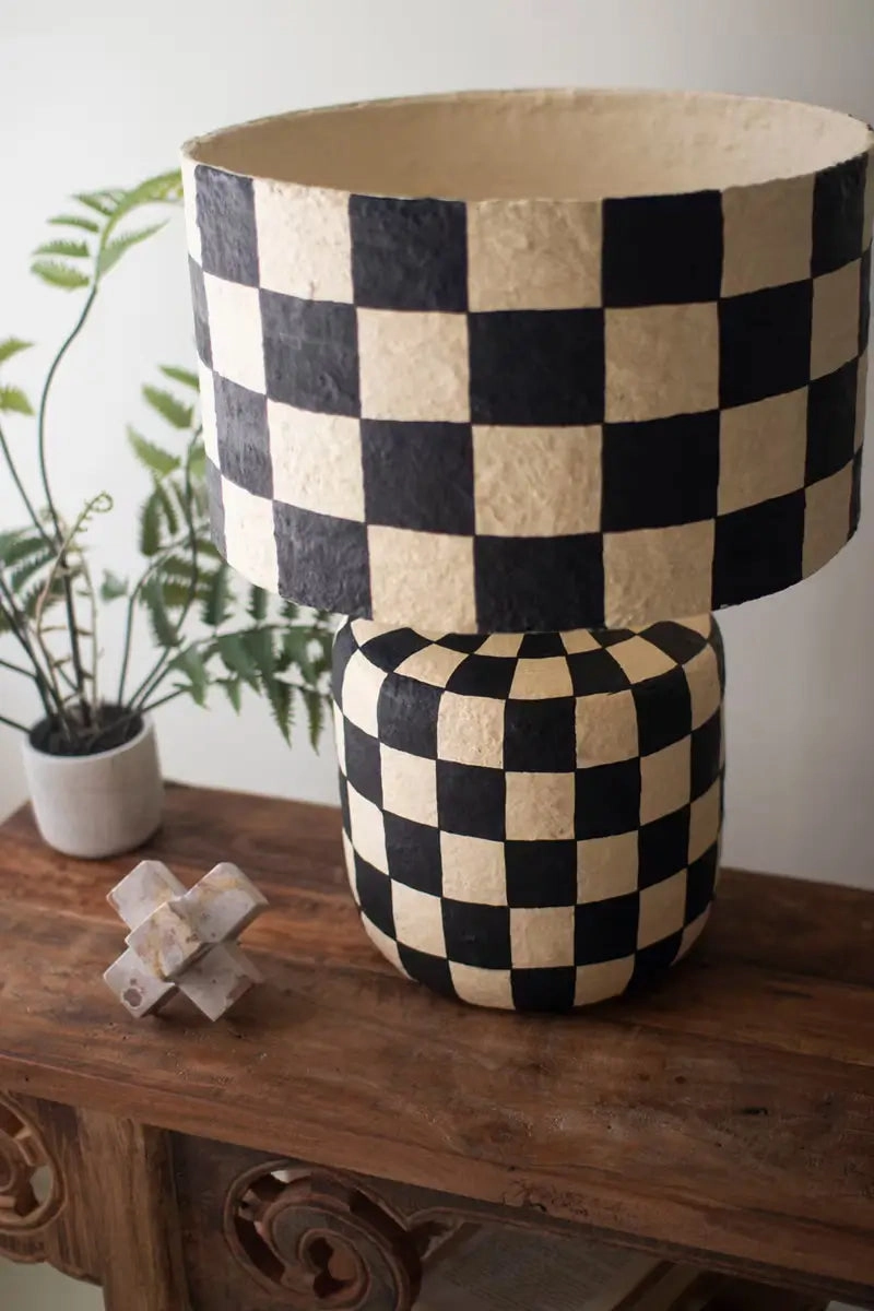 Black & White Checkered Paper Mache Lamp with Shade