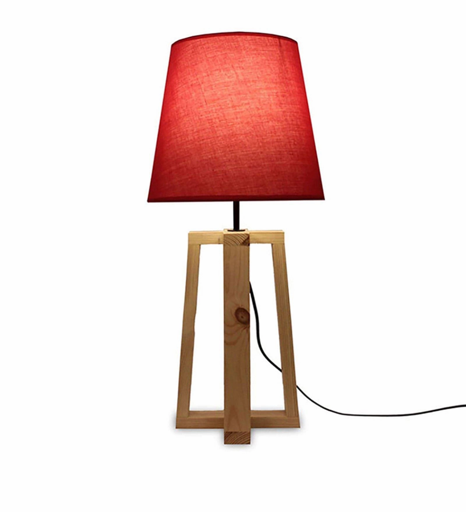 Blender Beige Wooden Table Lamp with Red Fabric Lampshade (BULB NOT INCLUDED)