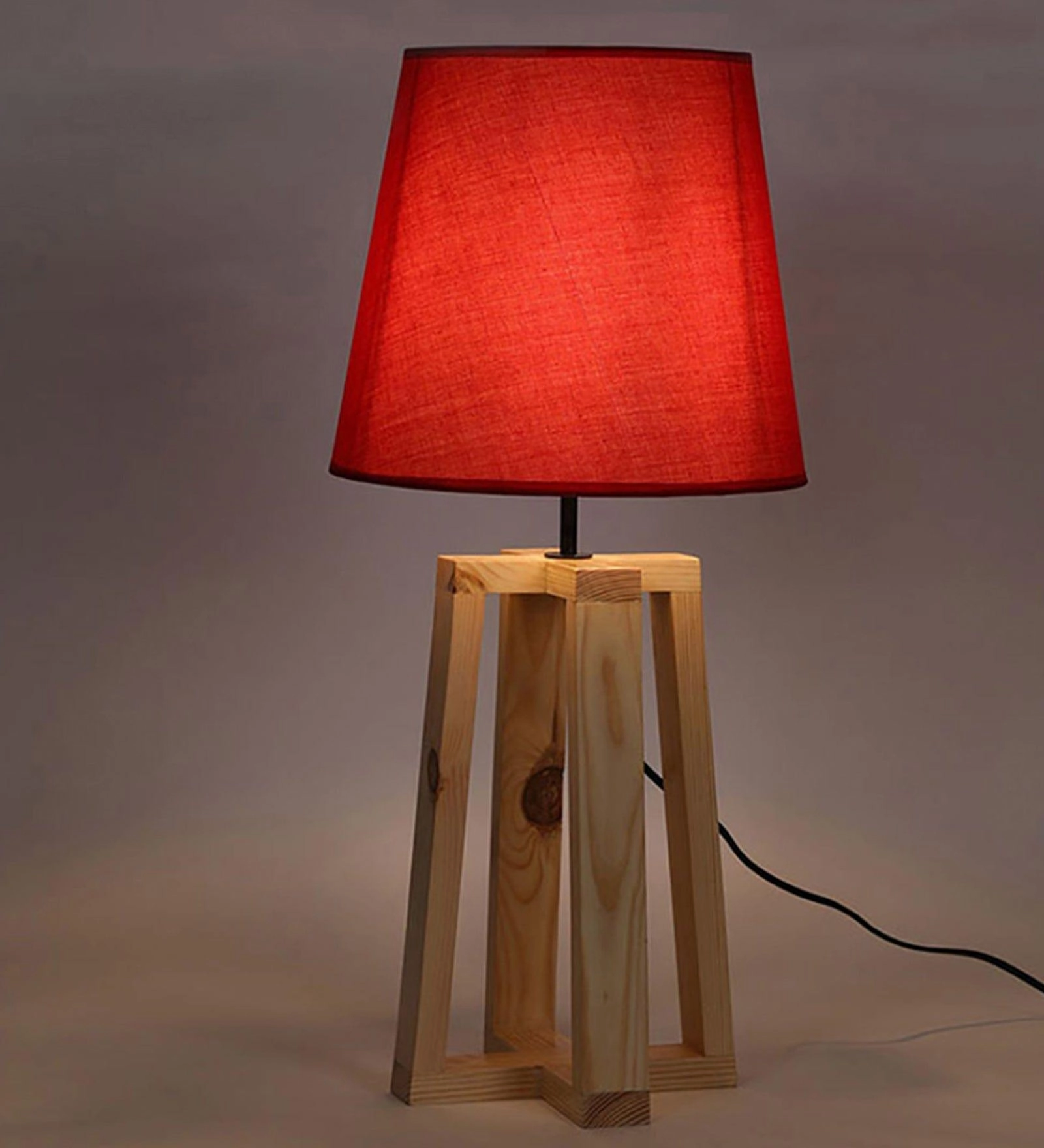 Blender Beige Wooden Table Lamp with Red Fabric Lampshade (BULB NOT INCLUDED)