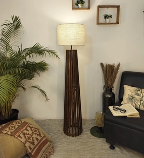Boho Wooden Floor Lamp with Brown Base and Beige Fabric Lampshade (BULB NOT INCLUDED) garden LED light