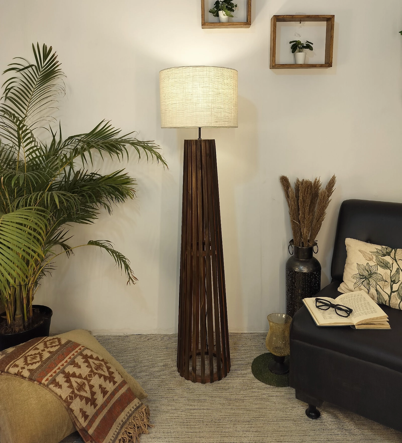 Boho Wooden Floor Lamp with Brown Base and Beige Fabric Lampshade (BULB NOT INCLUDED) garden LED light