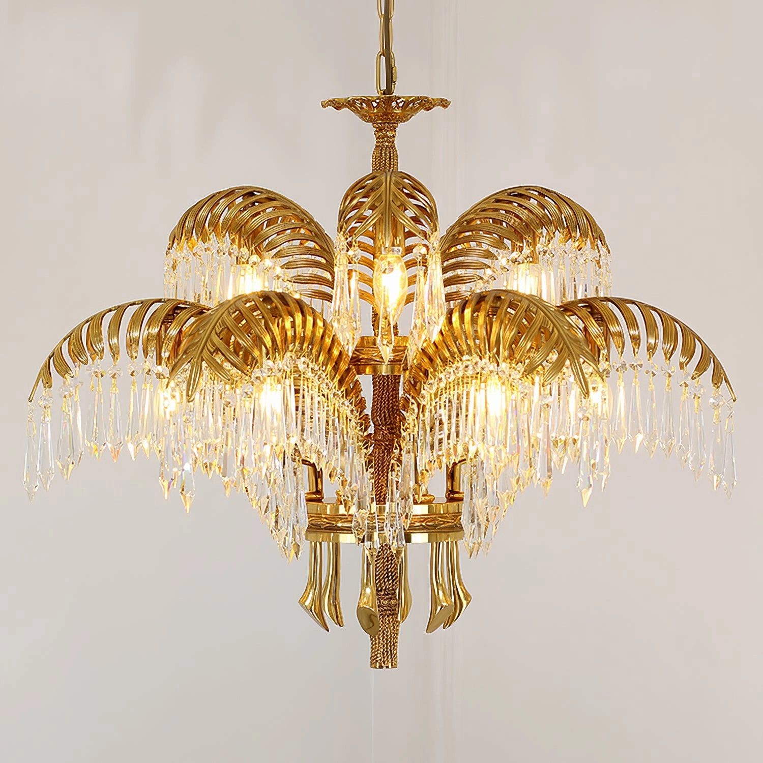 Brass Palm Leaf Crystal Chandelier