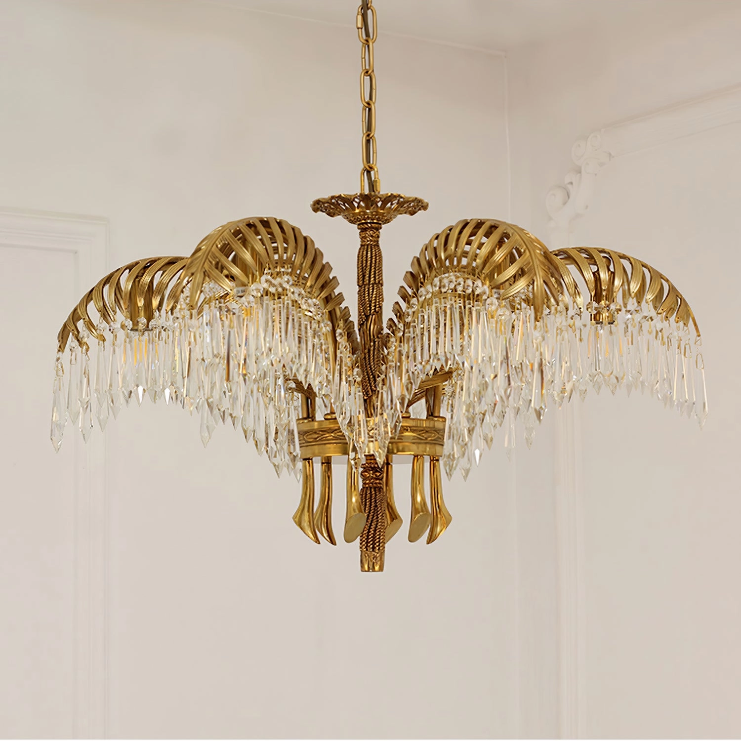 Brass Palm Leaf Crystal Chandelier